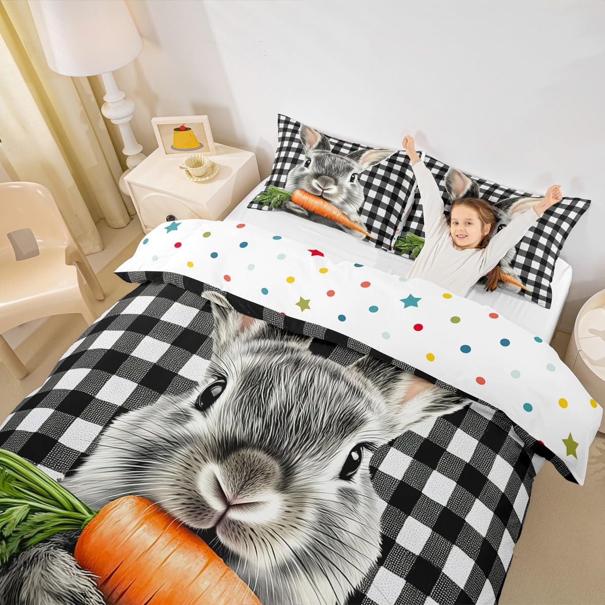 Rabbit Duvet Cover Black and White Lattice Buffalo Checkered Grid Bedding Set Easter Decorations for The Home,Cute Animal Plaid Comforter Cover Queen,Kawaii Room Decor Easter Gifts for Kids