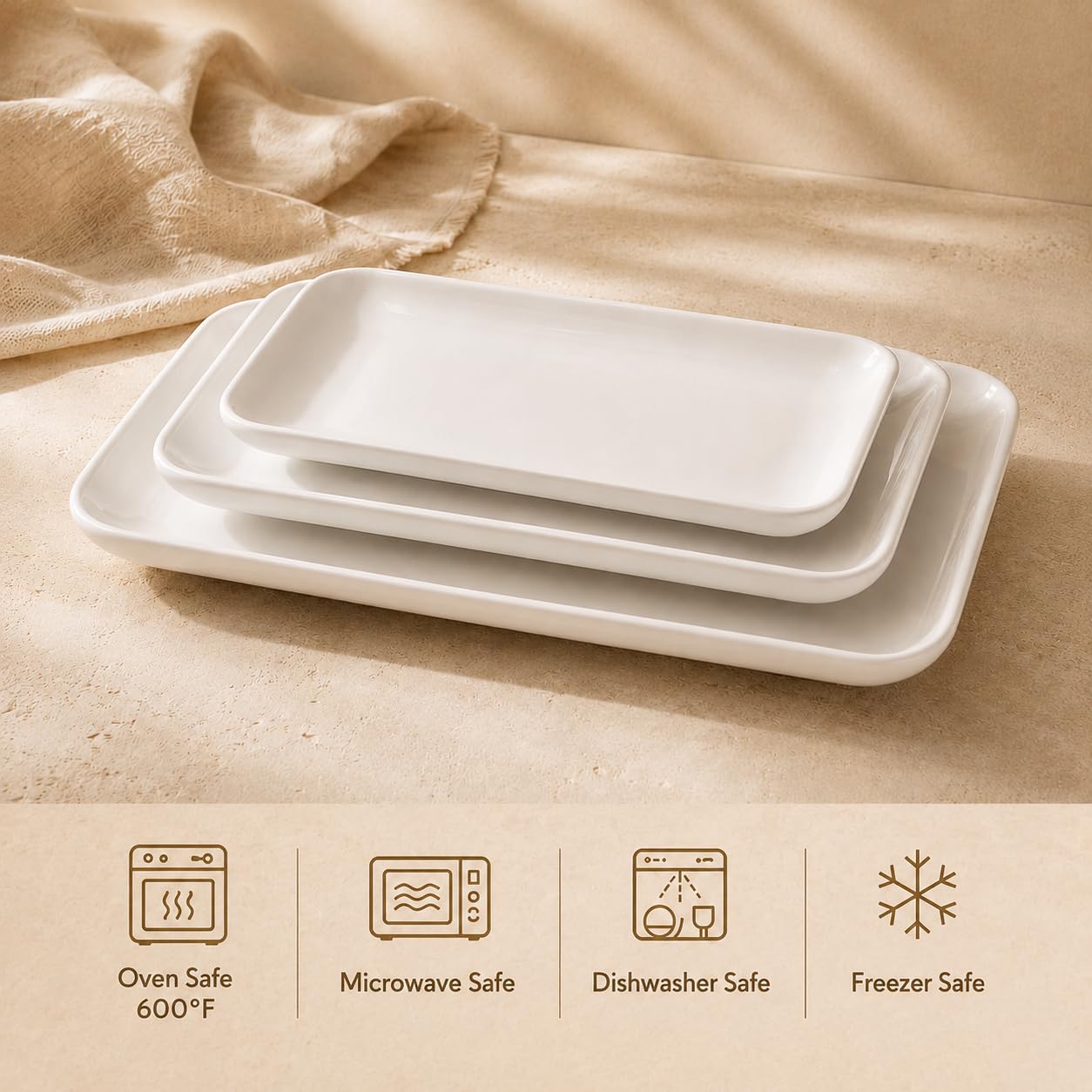 DELLING Large Serving Platter Set of 3, 16/14/12 Inch Porcelain Serving Trays for Party - White Ceramic Rectangular Platters for Entertaining, Appetizer Fruit Tray for Father's Day Shower Dinner