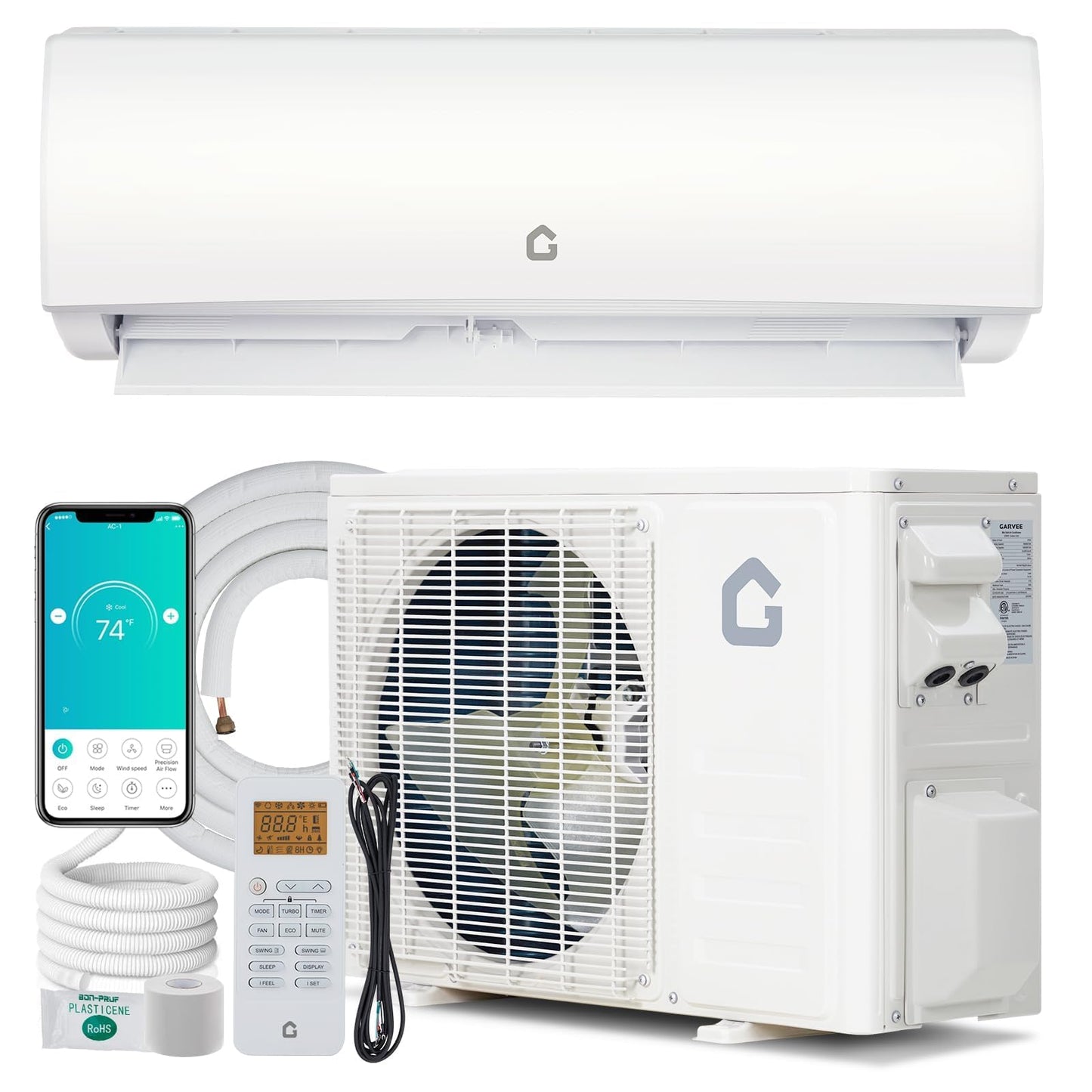 9000 BTU Mini Split Air Conditioner & Heater, 20 SEER2, Inverter, WiFi-Enabled, 230v, Ductless AC Unit with Heat Pump, Pre-Charged Condenser, Installation Kit, Compatible with Alexa/