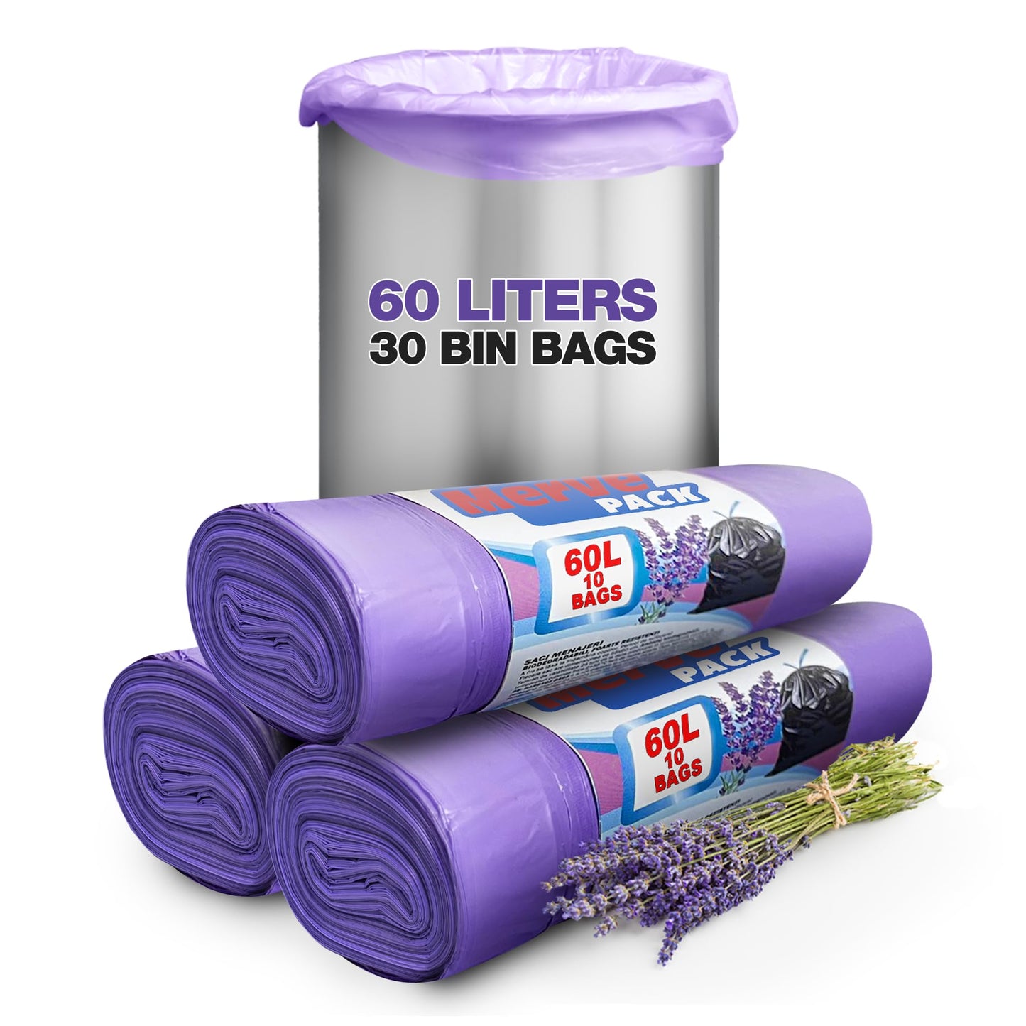 60L Lavender Scented Bin Bags, Waste Bags, Set 3 Rolls Counts 30 bags, Bin Liners with Drawstrings Trash Bags for Kitchen, Office, and Bathroom Bin Liners