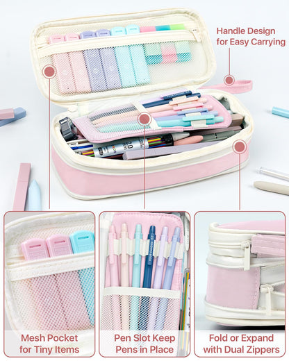 Four Candies 56 PCS Aesthetic School Supplies with Cute Pencil Case, 6 Multicolor Pen, 12 Pastel Highlighters, 5 Gel Pens Black Ink, 9 Mechanical Pencils for Student Stationary Set Preppy Stuff (Pink)