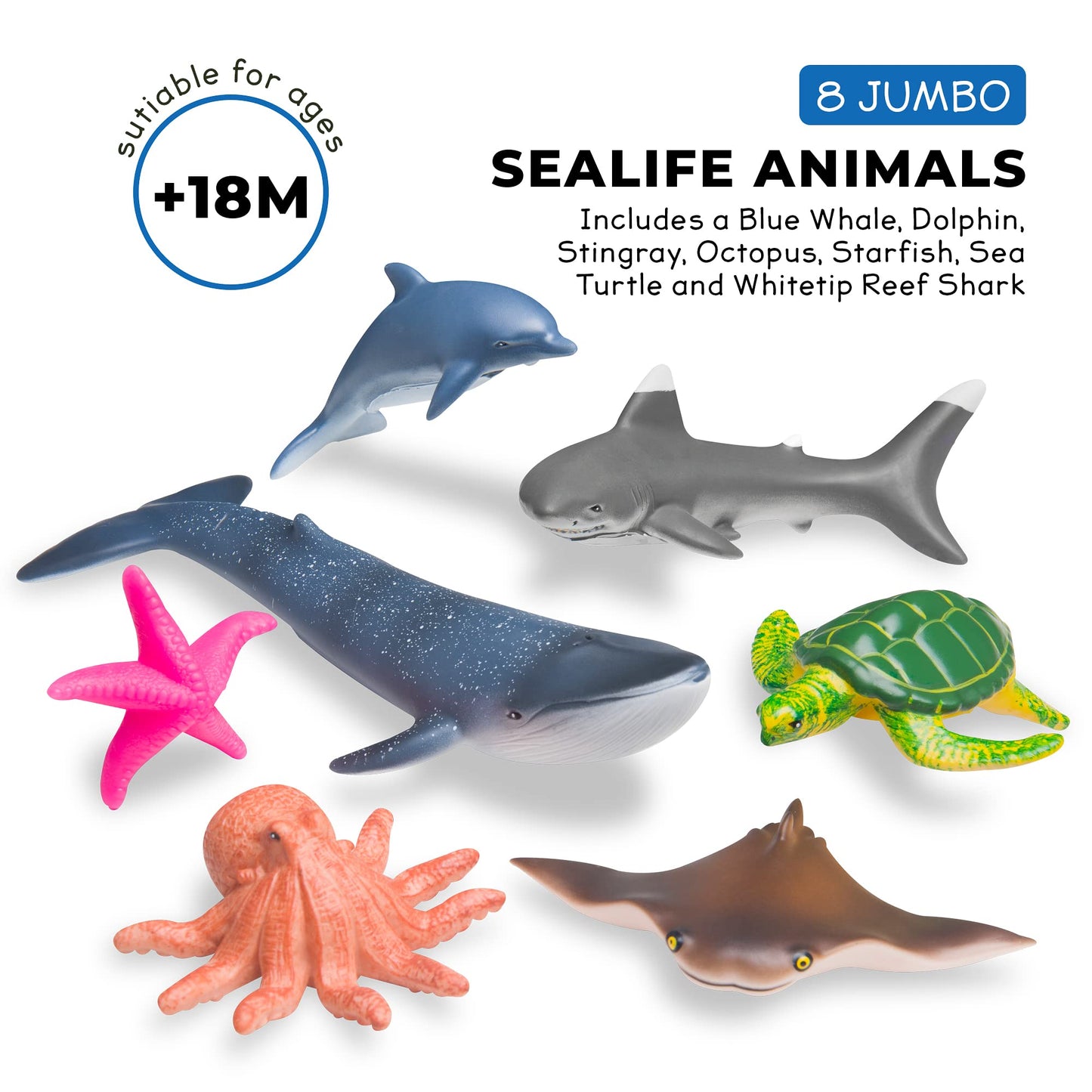 Learning Minds Jumbo Sea Animal Figures - Set of 7 Educational Fish Toys For Children - Shark, Whale, Dolphin Toys For Kids - Toy Fish & Sea Creatures For Children - Suitable From Age 18 Months