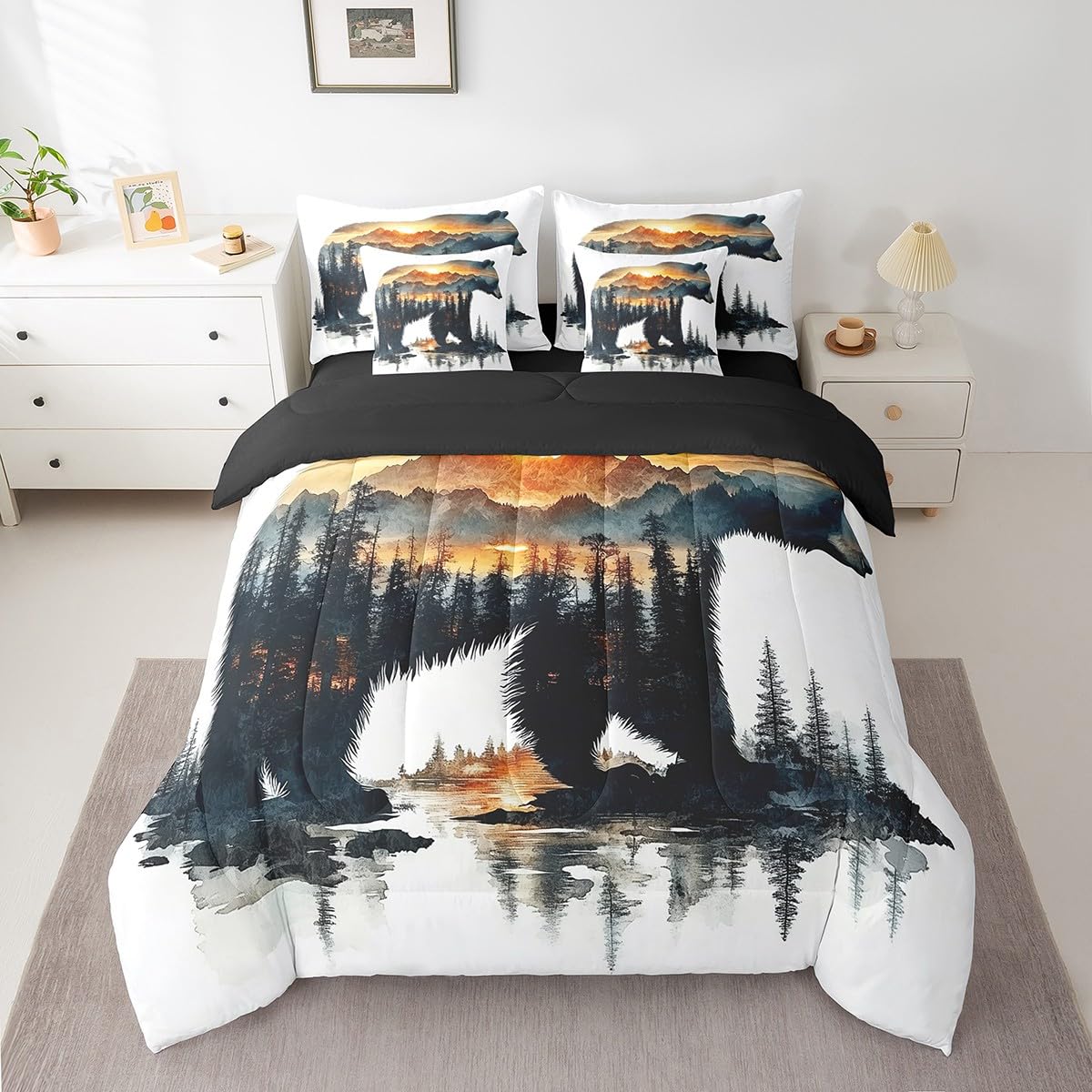 Feelyou Bear Comforter Set 7 Pieces Full Size Rustic Cabin Country Bedding Set for Boys Girls Nature Wildlife Bed in a Bag with Comforter, Sheets, Pillowcases & Cushion Covers