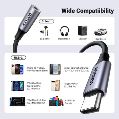 UGREEN USB C to 3.5mm Jack DAC Hi-Fi Stereo Audio Type C Aux Headphone Adapter Compatible with iPhone 17 Pro Max/16/15 Galaxy S25 Ultra S24 S23 A55 A56 2025 iPad Air/Pro/Mini Pixel 10/9 (Silver)