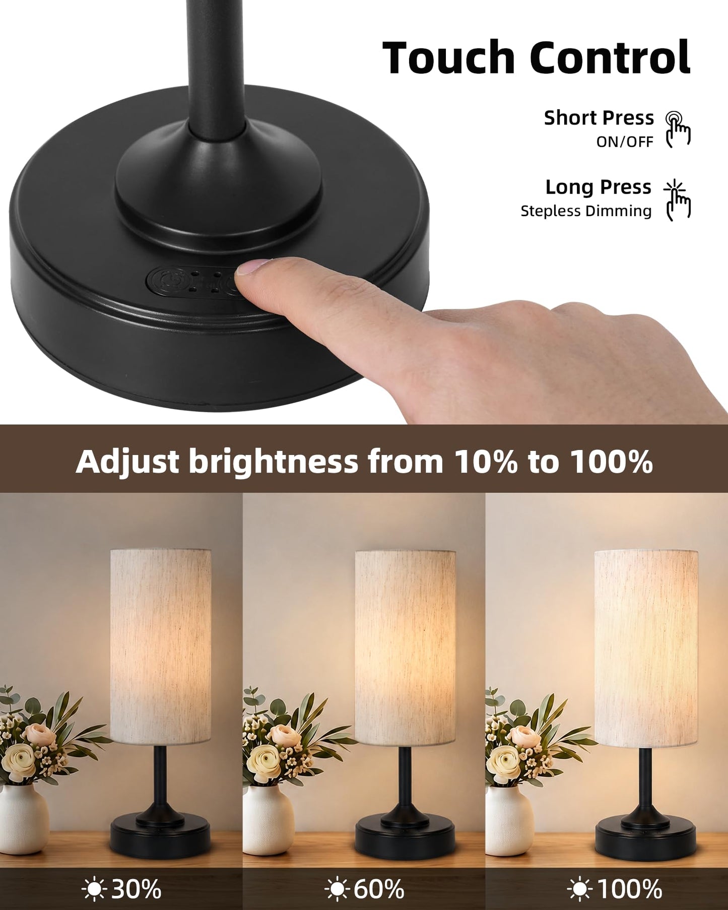 EZVALO Cordless Table Lamp, Ambient Light, Dimmable, Touch, Timer, 2700K, Decor, Portable, LED, Desk Lamp, Bedside, Kitchen Lamp, Wireless, Rechargeable, Battery Operated, for Bedroom, Living Room