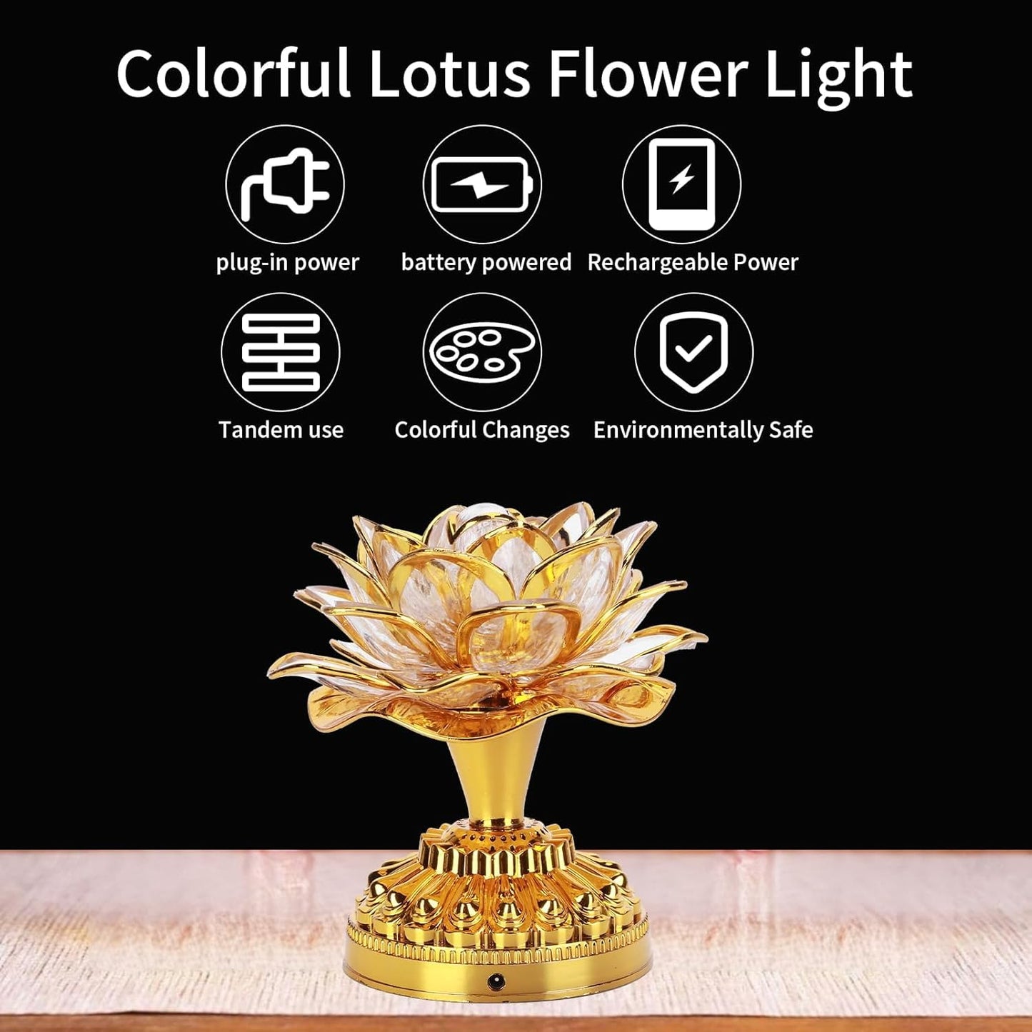 Zerodis 110-240V LED Lotus Flower Lamp - 7 Color Crystal Buddha Lamp with Golden Finish, 36 Songs & US Plug