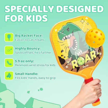Joycat Kids Pickleball Paddles Set of 2, Lightweight Plastic Cute Pickleball Paddles for Kid with Small Grip, 2 Pickleballs, 1 Drawstring Bag,Indoor Outdoor Sport Gifts for Kids,Beginner (Dinosaur)