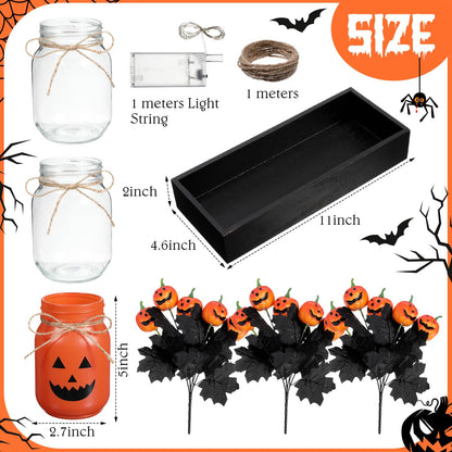 Honeydak 9 Pcs Halloween Table Centerpieces Pumpkin Mason Jar for Halloween Table Dining Room with Farmhouse Wood Tray 3 Mason Jars with Artificial Flowers and 2 LED Light for Dining Room