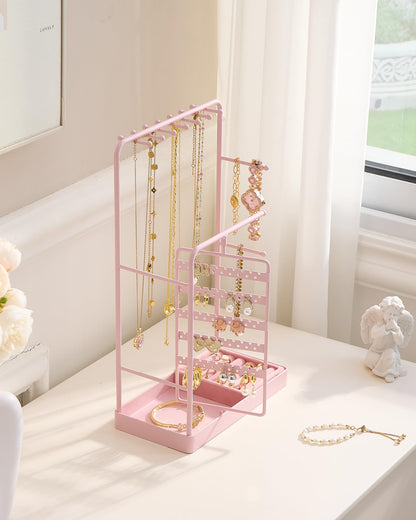 ProCase Jewelry Stand Holder Organizer, Jewelry Display Storage with Ring Tray, Rotating Earring Bracelet Necklace Holder, Valentine's Gifts Room Dorm Decor for Teen Girls -Pink (No-Assembly)