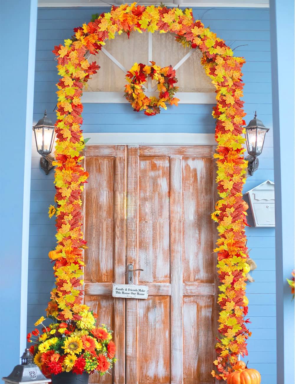 2 Pack Artificial Autumn Maple Leaves Vines Decorations, 5.9Ft/Piece Fall Leaf Garland Hanging Plant with Hooks, Thanksgiving Halloween Decor for House Garden Wall Doorway Fireplace Autumn Decoration