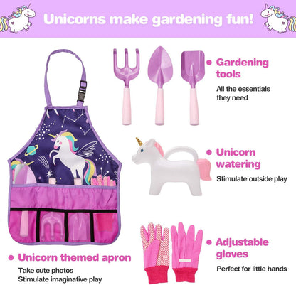 Cheerful Children Toys Kids Gardening Set – Gardening Tools for Kids with Watering Can, Shovels, Rake, Gloves & Apron – Planting Outdoor Activity for Ages 3-7, Unicorn Themed Gardening Set for Girls