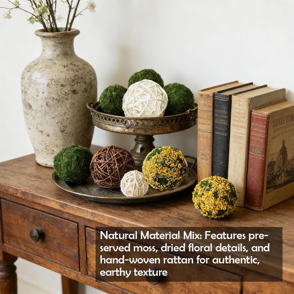 Tinsow 18Pcs Decorative Balls for Bowls, Mixed Moss Balls, Rattan Wicker Orbs & Dried Floral Sphere Bowl Fillers Decor for Home Table Centerpiece Wedding