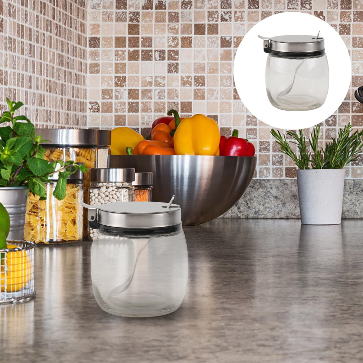 SHOWERORO Spice Jars with Spoon 2-Pack 2.75X2.75X3.14In Glass Round Condiment Containers with Lids for Kitchen Countertop Seasoning Storage and Organization