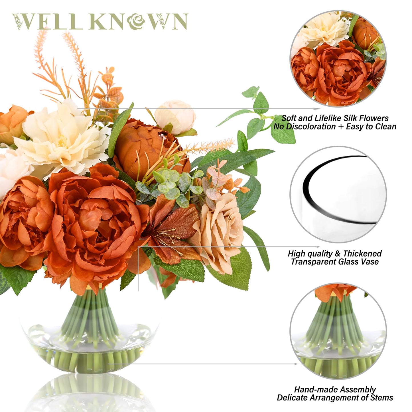 Artificial Flowers in Vase, WELL KNOWN Silk Rose Peony Flower Bouquet Table Centerpieces with Faux Water for Fall Home, Fake Flower Arrangement for Seasonal Party Decor (Burnt Orange & Champagne Plus)