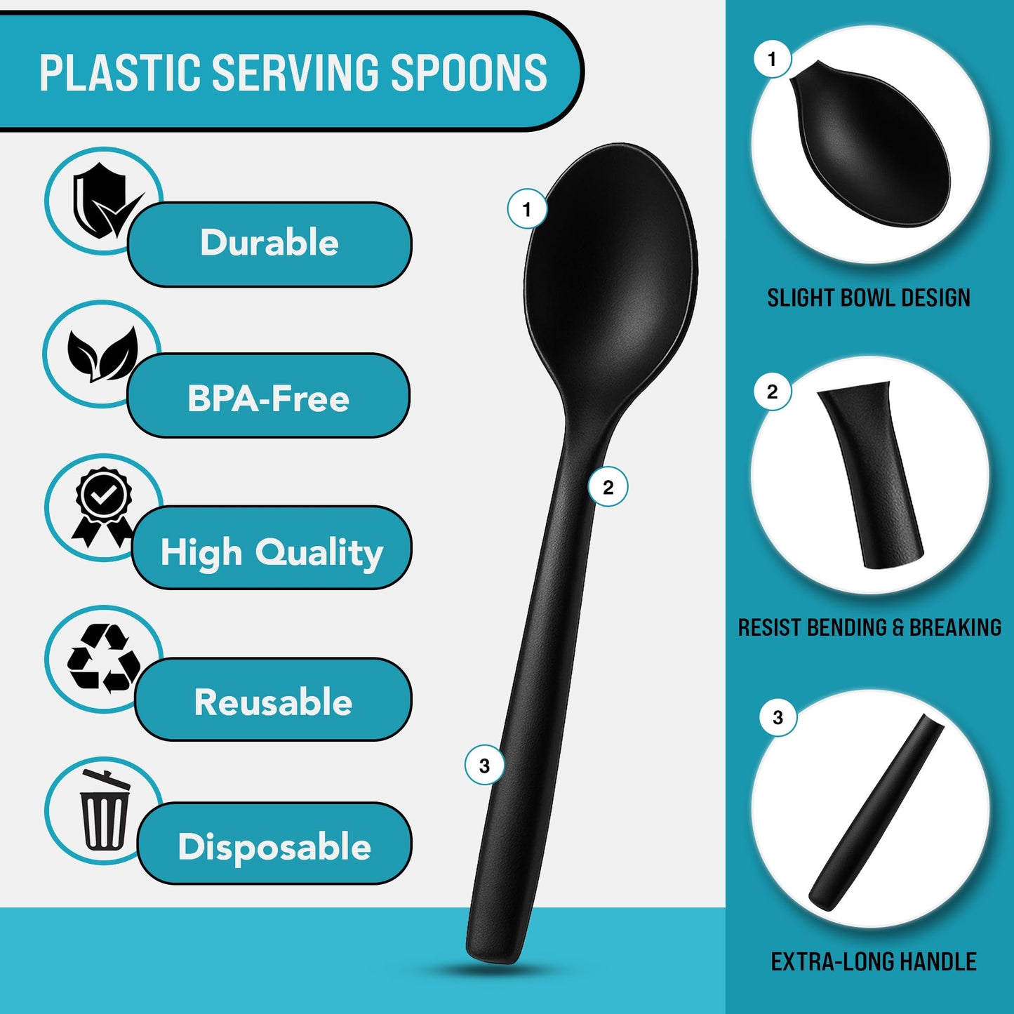 10" Black Plastic Serving Spoons for Buffet, Bulk 12 Count, Heavy Duty Disposable Spoon, Large Plastic Serving Utensils for Catering Supplies, Events, Party, Weddings & More - C&S Event Supply Co.
