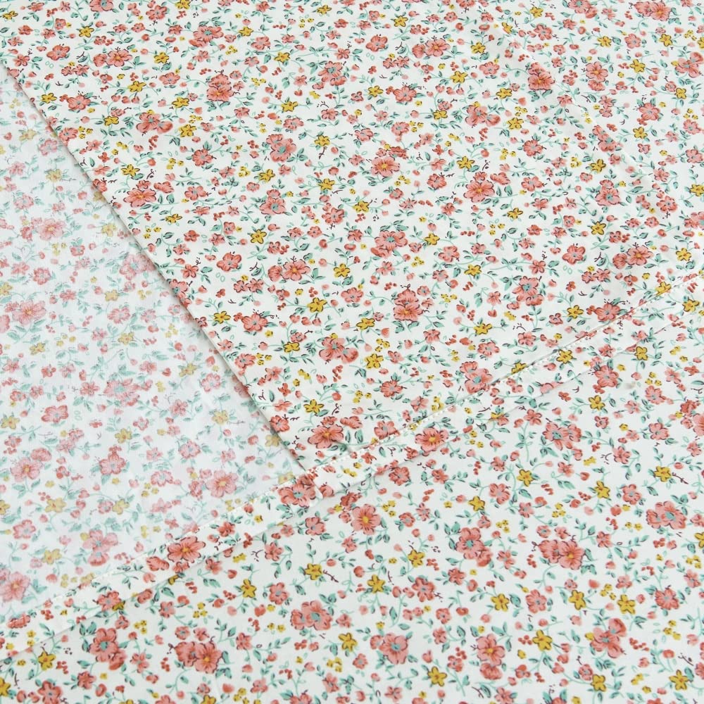DAUAOTO 100% Cotton Bedding Printed Sheets Set for King Size Bed Up to 14" Deep Mattress, Ditsy Floral Pattern Bedlinen Sets, Pink