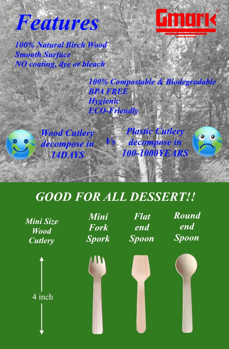 Gmark 1.5mm Extra-Thick Mini Wooden Spoons (4 Inch) - 200 Count Heavy Duty Birch Wood - Sturdy No-Snap Disposable Spoons for Gelato, Desserts & Charcuterie - Eco-Friendly & Compostable GM1042
