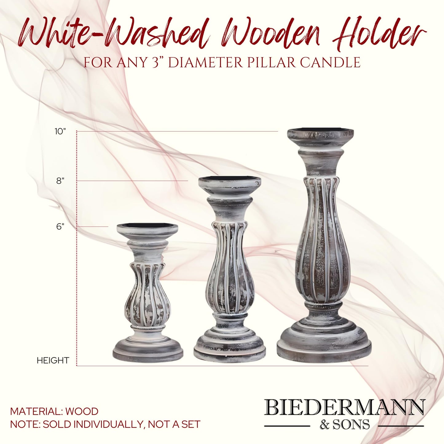 Biedermann & Sons Washed Wooden Pillar Candle Holder, White, 8 Inch Tall, Fits Up to 3 Inch Pillar Candles, Farmhouse Candle Pedestal for Table Decor and Shelves