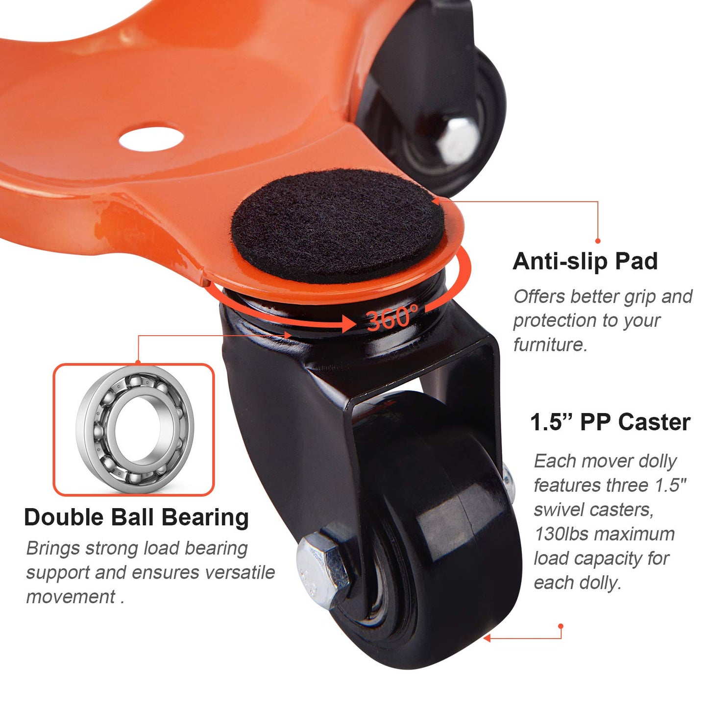 Ronlap 6-Inch Steel Tri-Dolly, 3-Wheel Furniture Mover's Dolly with Lifer, Heavy Furniture Moving Rollers, 200 KG Capacity 4 Pack (Orange)