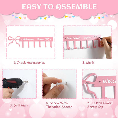 Novabright Pink Bow Welcome Home Key Hook for Wall Pink Bathroom Decor Cute Bow Towel Hooks Coquette Welcome Home Sign Key Holder Wall Mounted Racks 6 Coat Hanger for Bedroom Kitchen Entryway