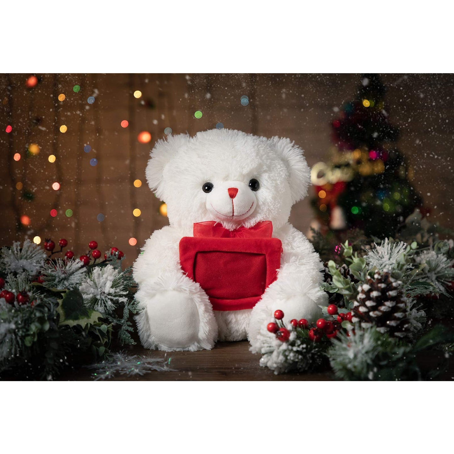HollyHOME Teddy Bear Stuffed Animal Plush Bear with Red Bow Holding a Picture Frame Soft Plush Toy Holiday Toy Gift 12 Inches Whit