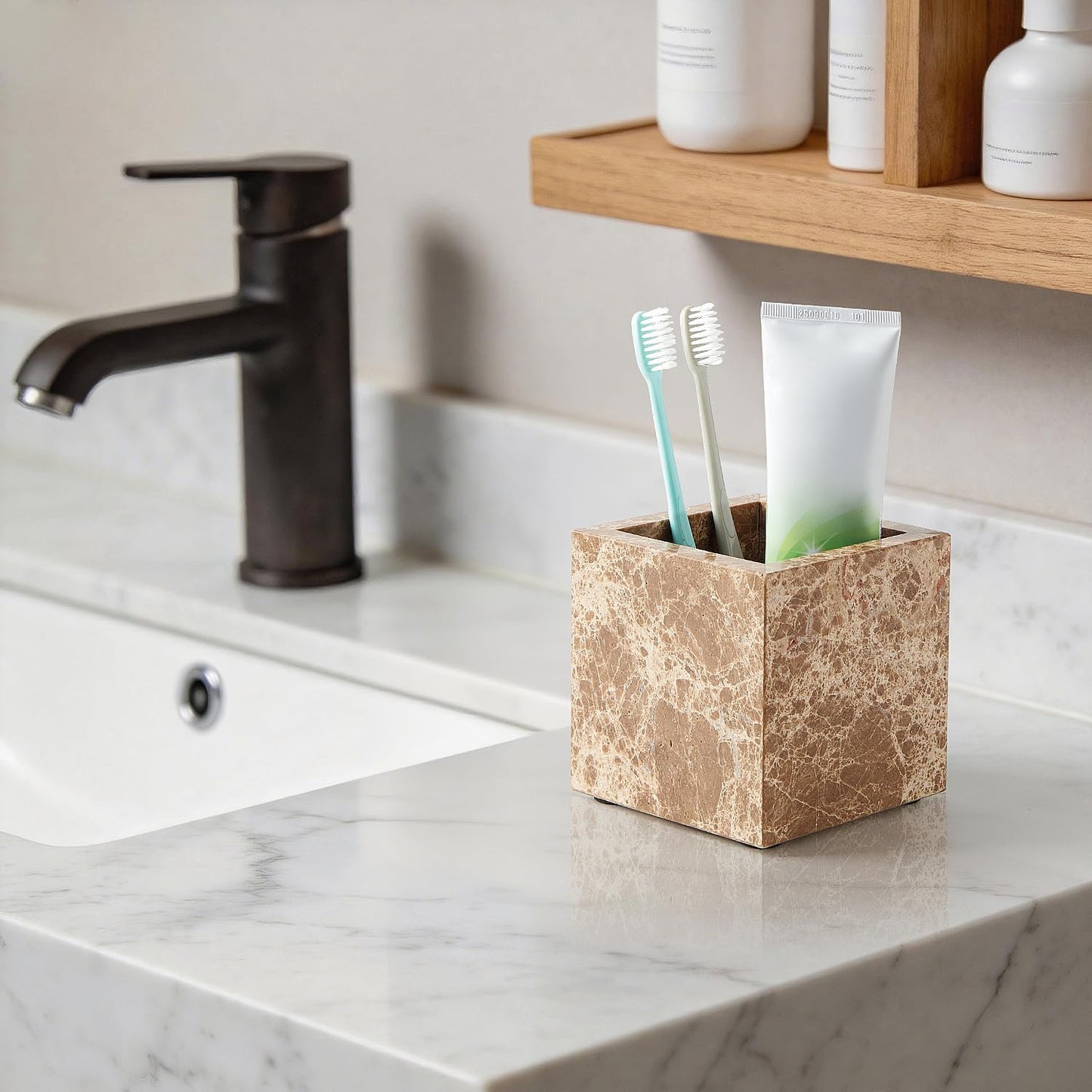 Natural Marble Makeup Brush Holder & Toothbrush Holder, Non-Ceramic, Non-Resin 3.93 Inch Square Marble Jar,Makeup Brush Organizer Suitable for Bathroom, Desk, and Living Room（Dark Brown）