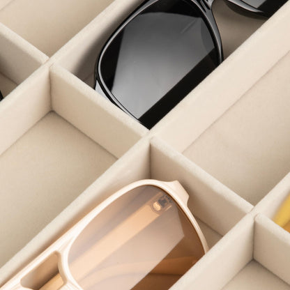 Frebeauty Sunglass Organizer,Velvet Glasses Organizer,8-Slot Sunglasses Tray with Clear Lid,Men's/Women's Sunglasses Box,Sunglass Case,13.3 x 9.6 x 2.2 Inches,Eyeglass/Eyewear Display Tray(Beige)