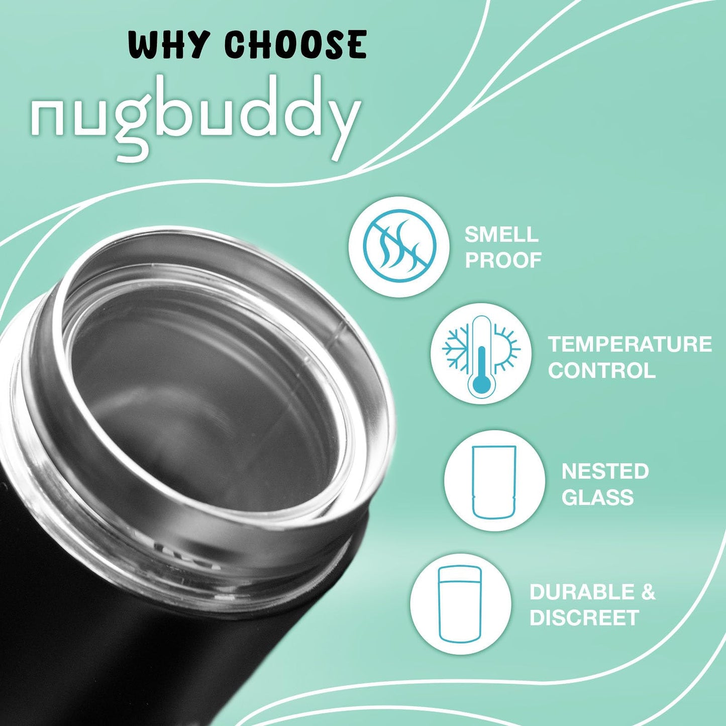 nugbuddy Mini Airtight Storage Container - Vacuum Sealed Insulated w Nested Glass Jar - UV Protection, Temperature Controlled Stainless - Whiteboard Finish w Marker Included - 100 ml
