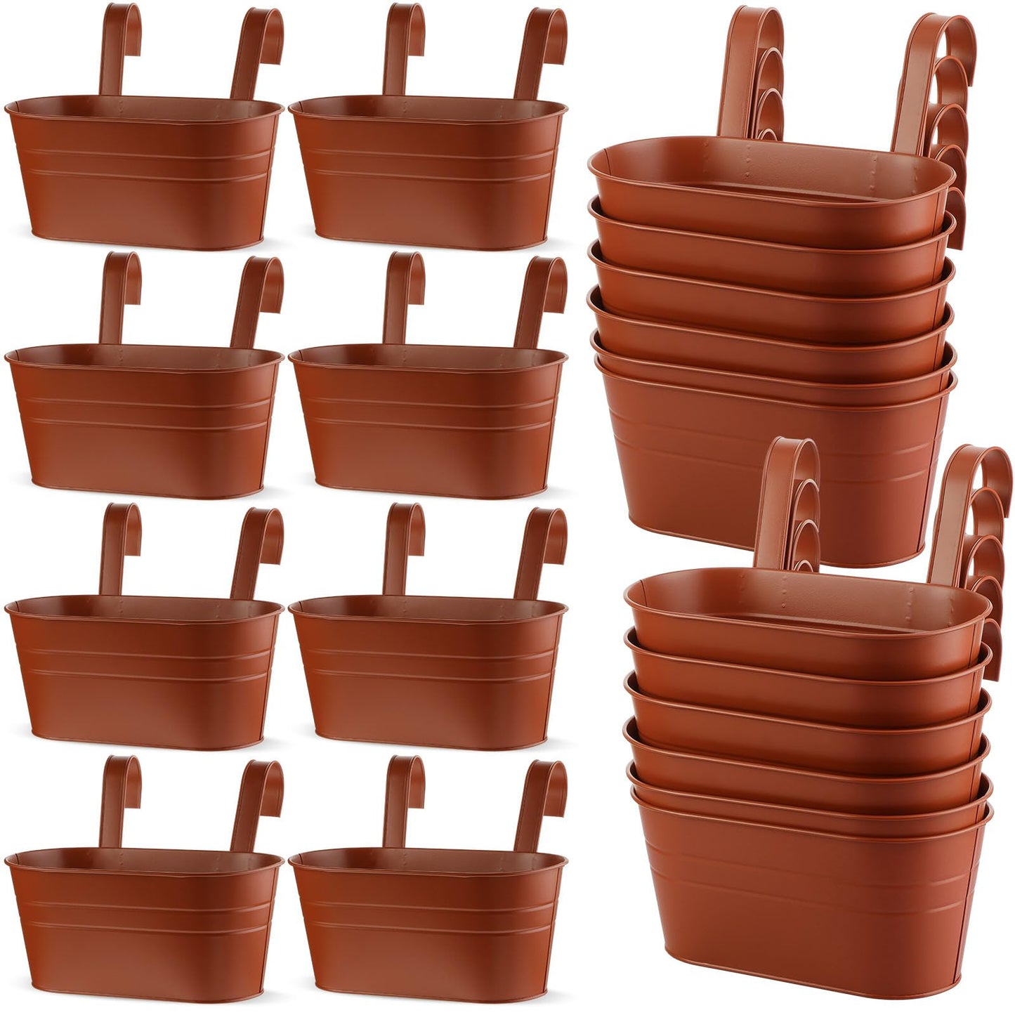 Hicarer 12 Pcs Metal Hanging Flower Pots for Railing Fence, 10.6 Inch Hanging Rail Planters for Outdoor Window Balcony Plants Holder with Hooks for Garden Yard Home Decor (Brown)