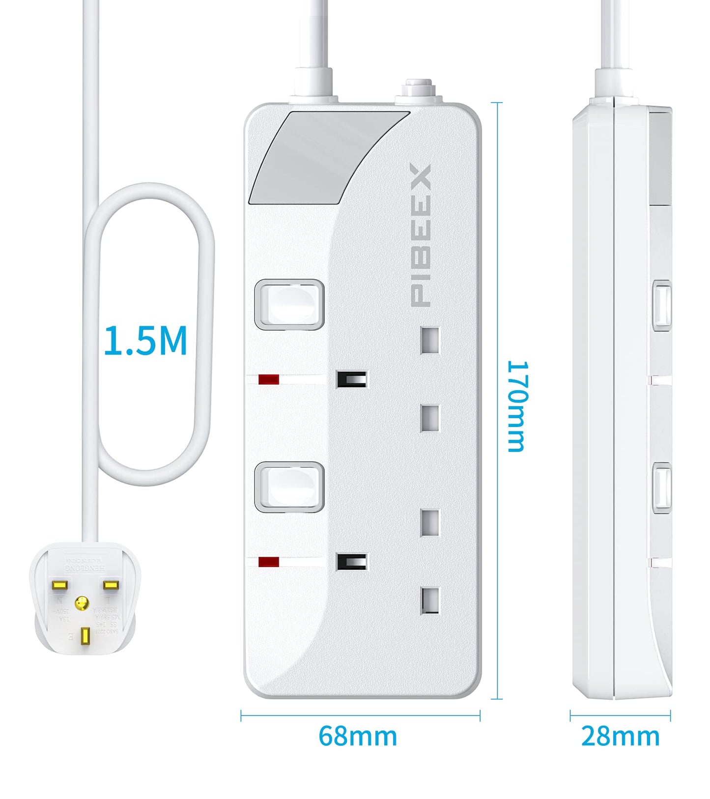 PIBEEX Extension Lead 2 Way Plug Sockets with Individual Switches Wall Mountable Power Strip 1.5M Extension Cable 13A Fused UK Plug 3250W