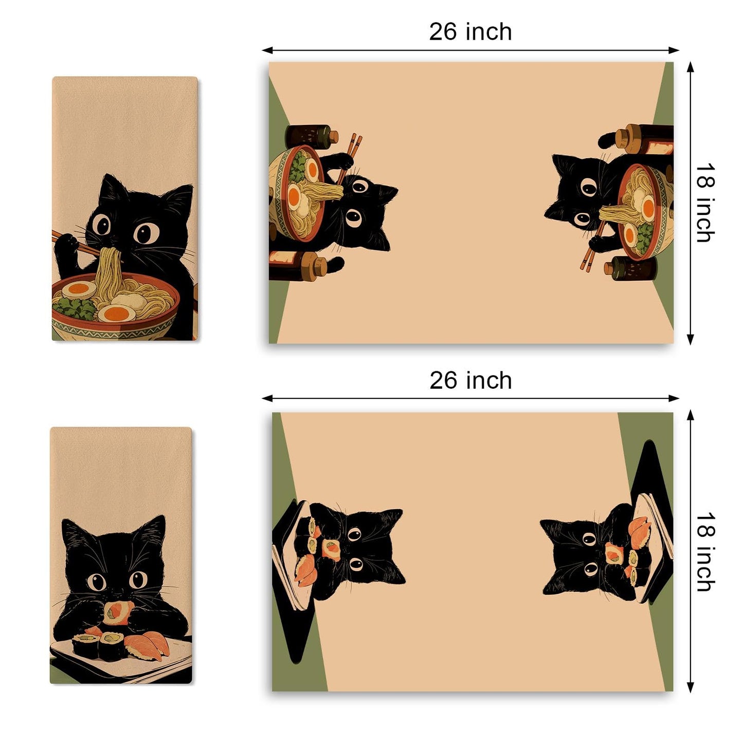 Croar Funny Black Cat Kitchen Dish Towels Set of 2, Japanese Food Sushi Ramen Noodles Drying Hand Towel Baking Cooking Cloth, Restaurant Dinning Room Home Decor Pet Cat Owner Lover Gifts 18'' x 26''