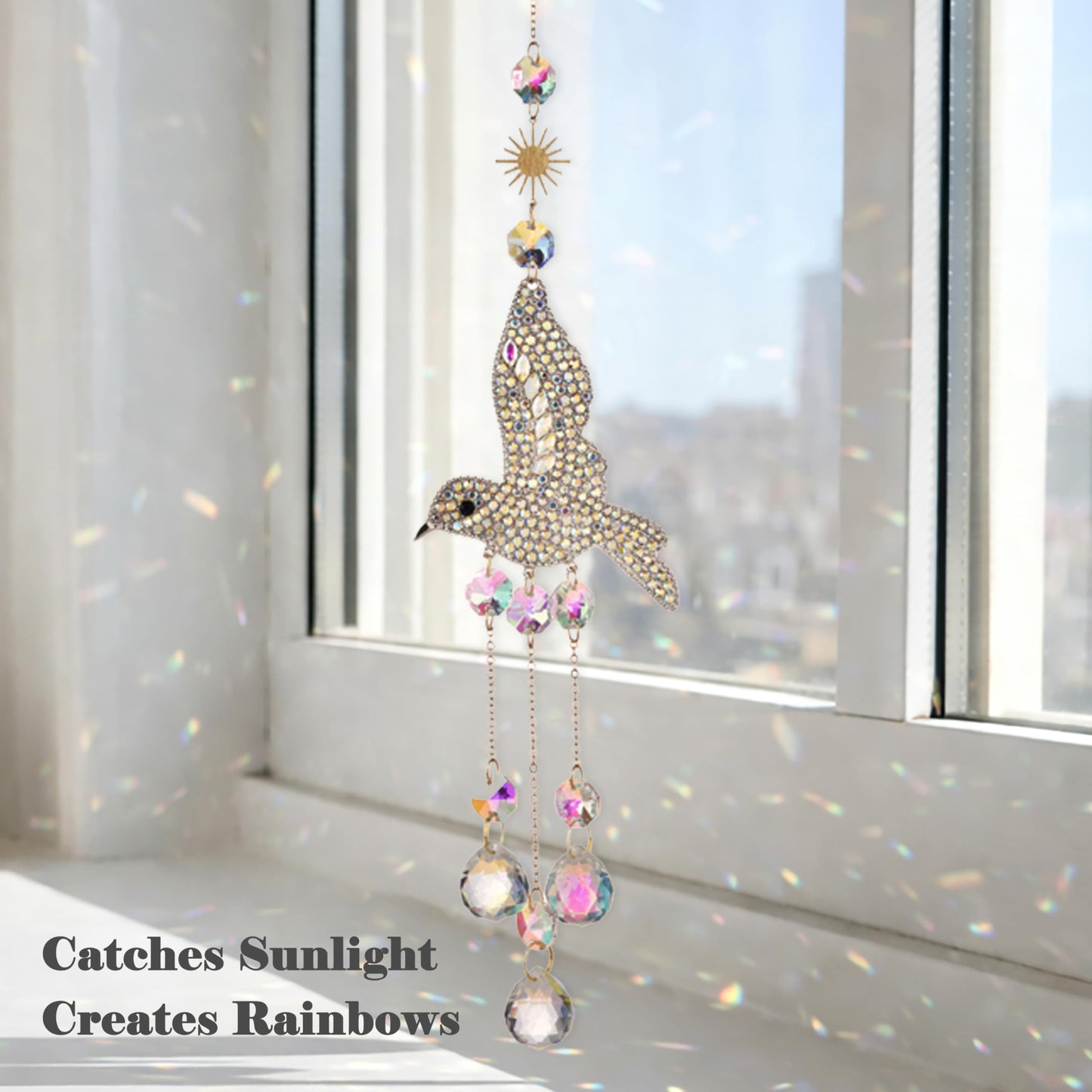 JINYOND Hummingbird Crystal Suncatcher for Window Hanging, Rainbow Maker Prism Ornament with Hook, Sparkling Sun Catcher Decor for Home, Patio, Garden, Bird Lover Gift (Crystal Ball)