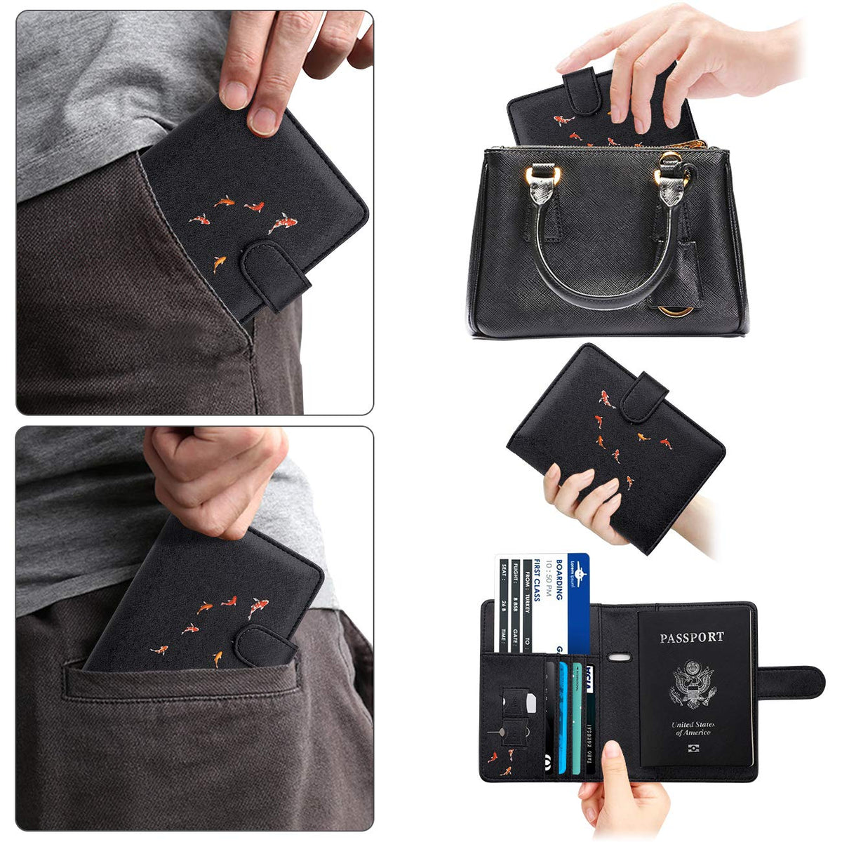 WALNEW Passport Holder for Travel, RFID Passport Cover Wallet for Women Men, PU Leather Passport Book Card Holder Case with Pen (Buckle Closure, Buckle-Carp)