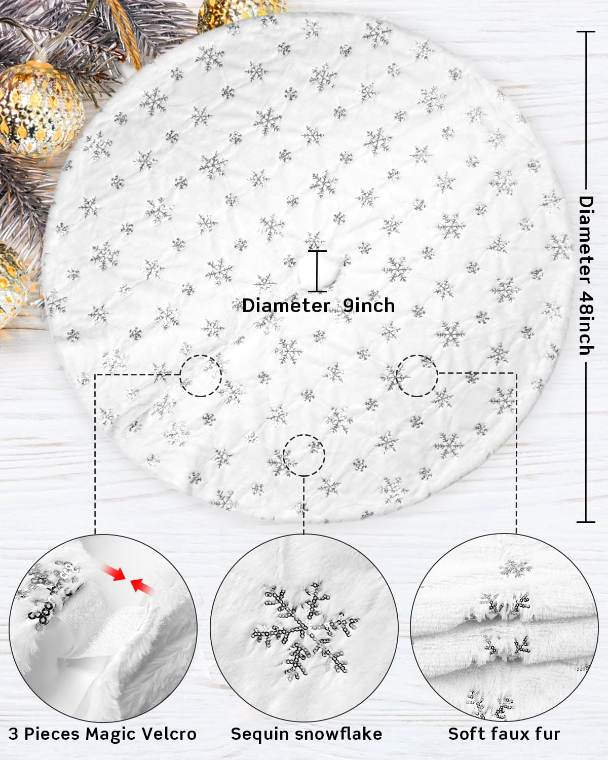 COOLWUFAN 48 Inches Faux Fur Christmas Tree Skirt for Xmas Tree Holiday Party Decorations White Plush Silver Sequin Snowflake (Silver)