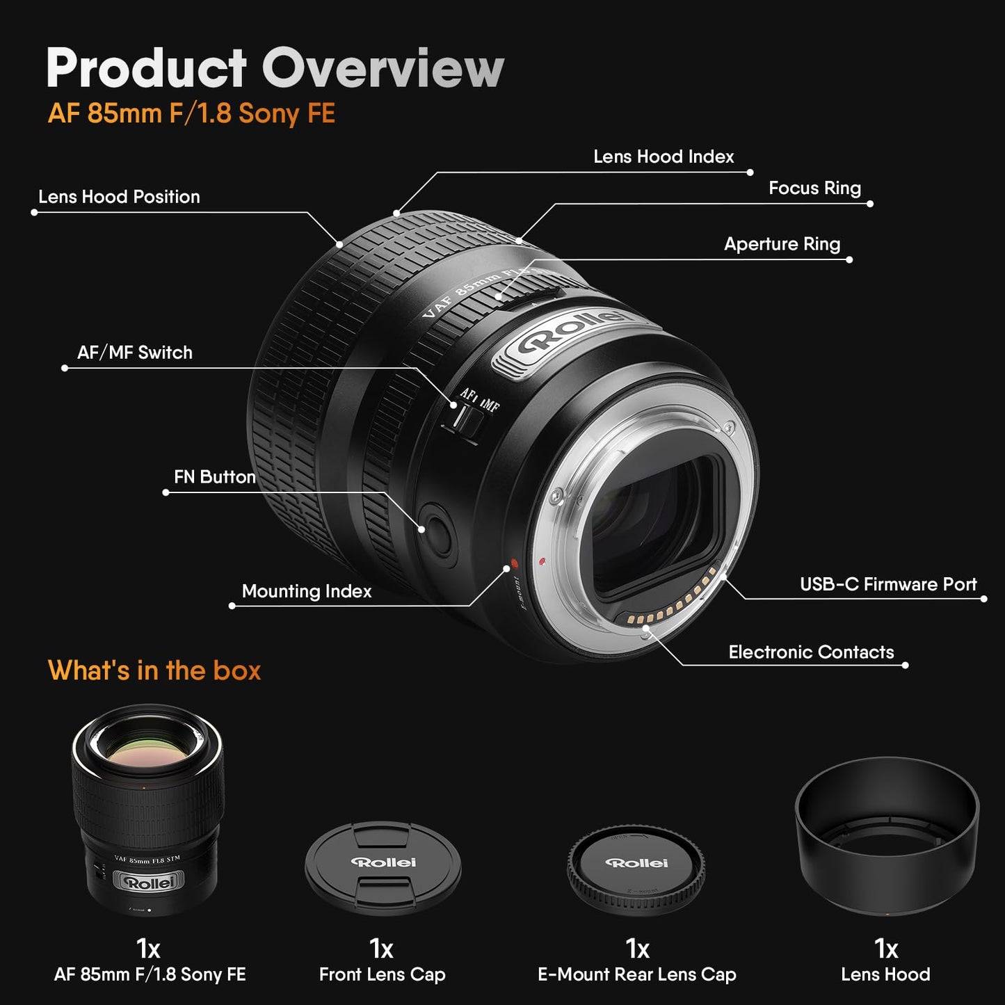 Rollei AF 85mm F/1.8 Lens，STM Autofocus，HFT-X Coating，Mount Cameras，Full Metal Body，477g，Compatible with APS-C，for Sony FE