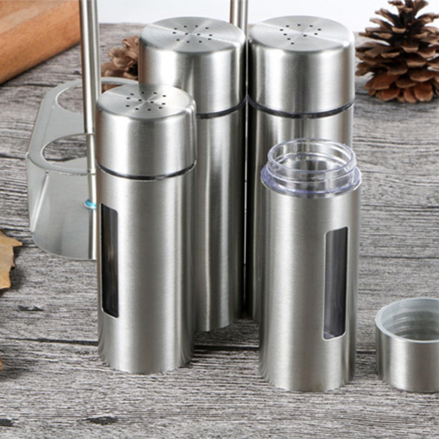 Salt and Pepper Shakers with Holder, Stainless Steel Salt Shaker with Base Stand Sugar Seasoning Bottle Jar for Kitchen Restaurant