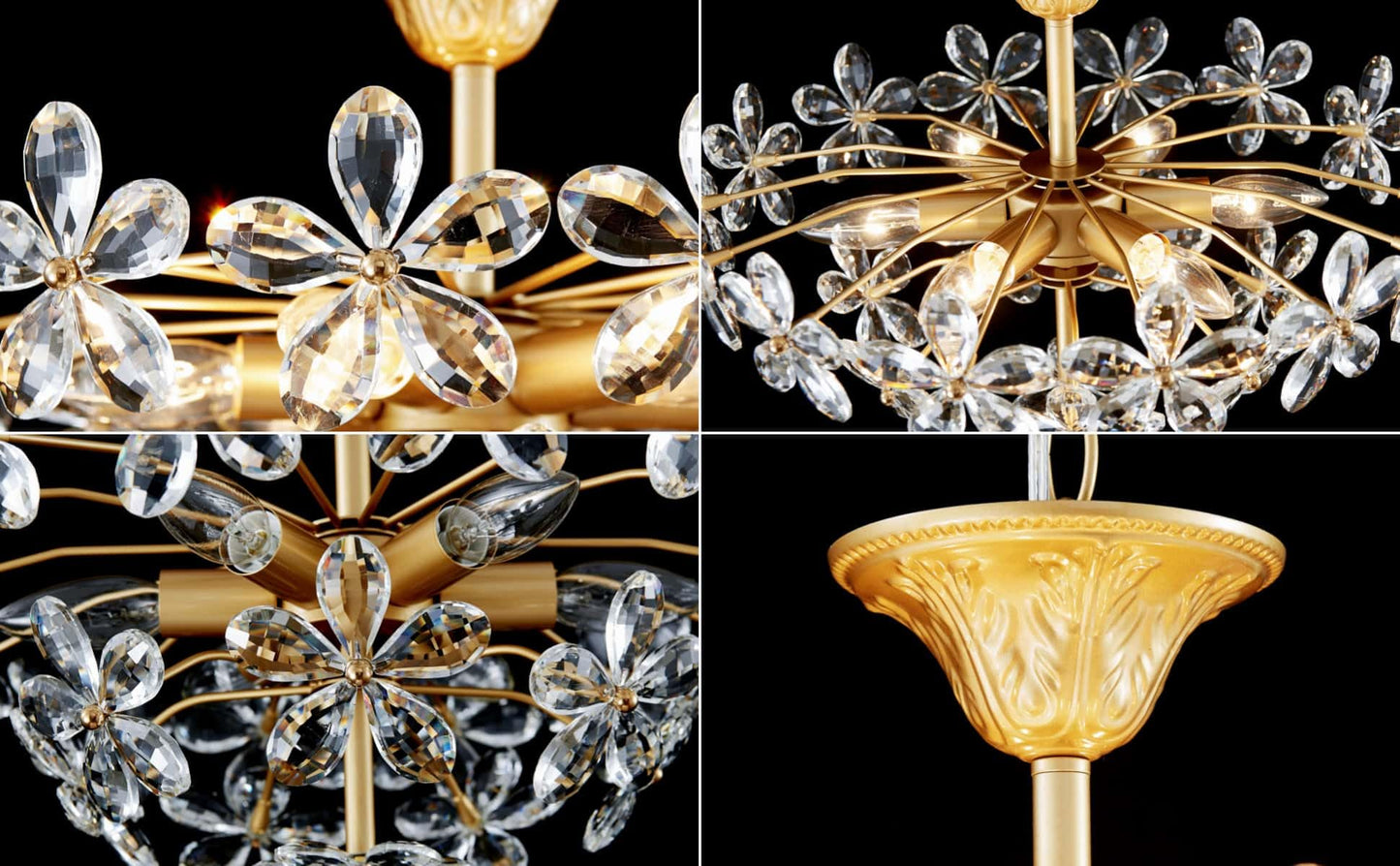 GlowEasely K9 Crystal Flower Chandelier for Dining Room, Living Room, Bedroom, Hallway, Kids Room, Foyer, Gold, Mayflower 6-Light Modern Pendant Chandelier, E12 Socket, D18.3 * H16~41inch (Adjustable)