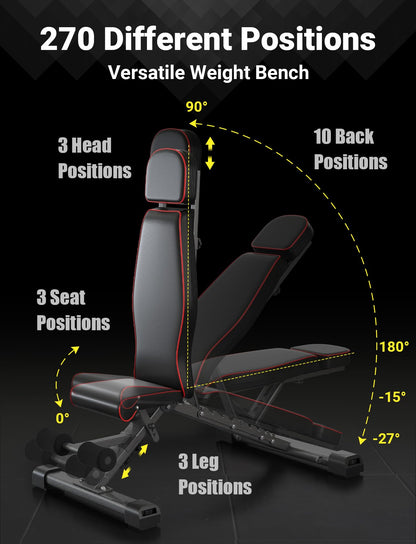 YOLEO 880LB Adjustable Weight Bench for Bench Press, MAX Foldable Weight Bench with Bench Press Stand/Extended Head for Home Gym/Full Body Workout 90 Degree Workout Bench User 6'56''(Max Version)