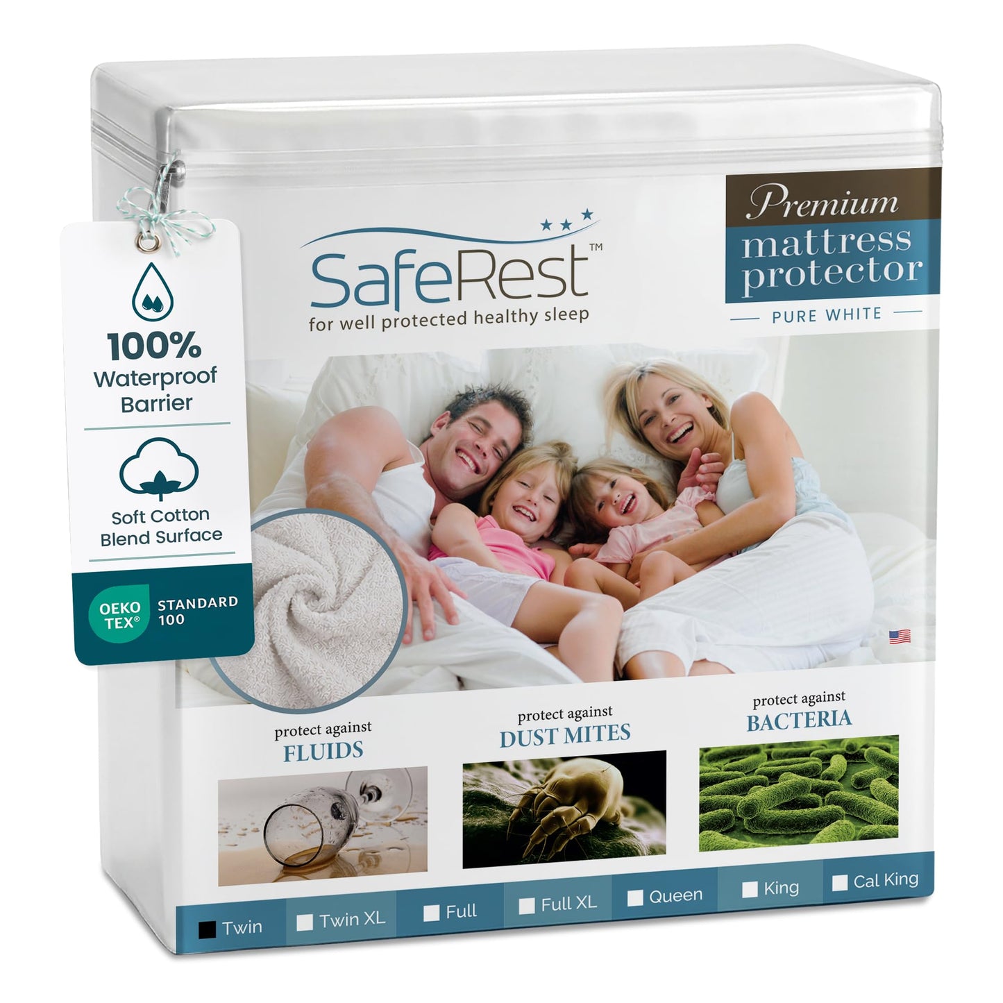 SafeRest Waterproof Twin Size Mattress Protector - Fitted with Stretchable Pockets - Machine Washable Cotton Blend Mattress Cover for Bed