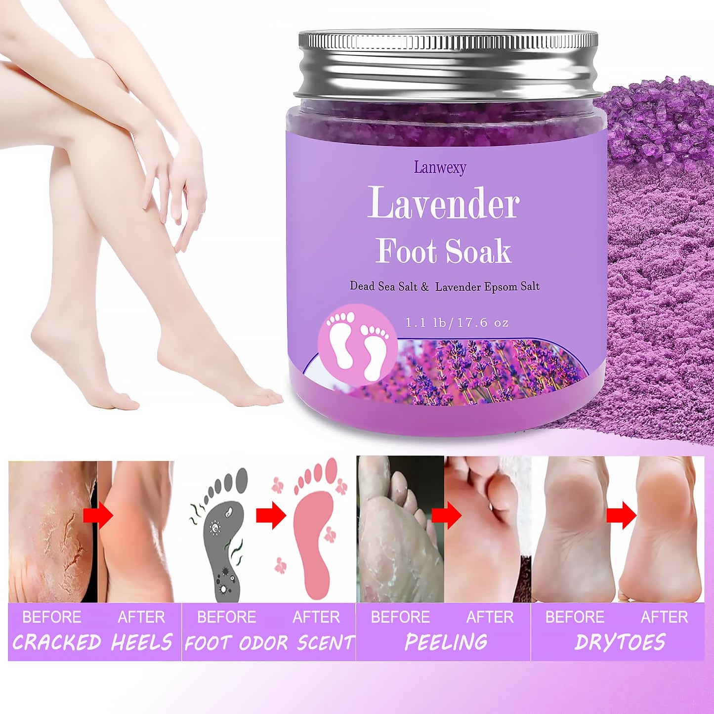 Lavender Foot Soak with Epsom Salt and Sea Salt. Organic Natural Handmade Spa Pedicure Care For Foot Callus, Dry Cracked, Tired Feet, Stubborn Foot Odor Scent.(1.1 Lbs）
