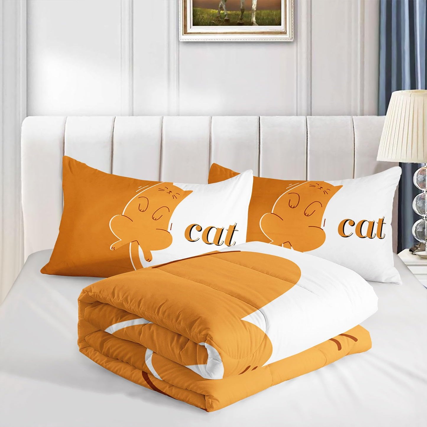 Smell Sunshine Orange Cat Comforter Set Cartoon Animal Printed Bedding Set with 1 Comforter and 2 Pillowcases for Boys and Girls Bedroom All Season(Cat Twin)
