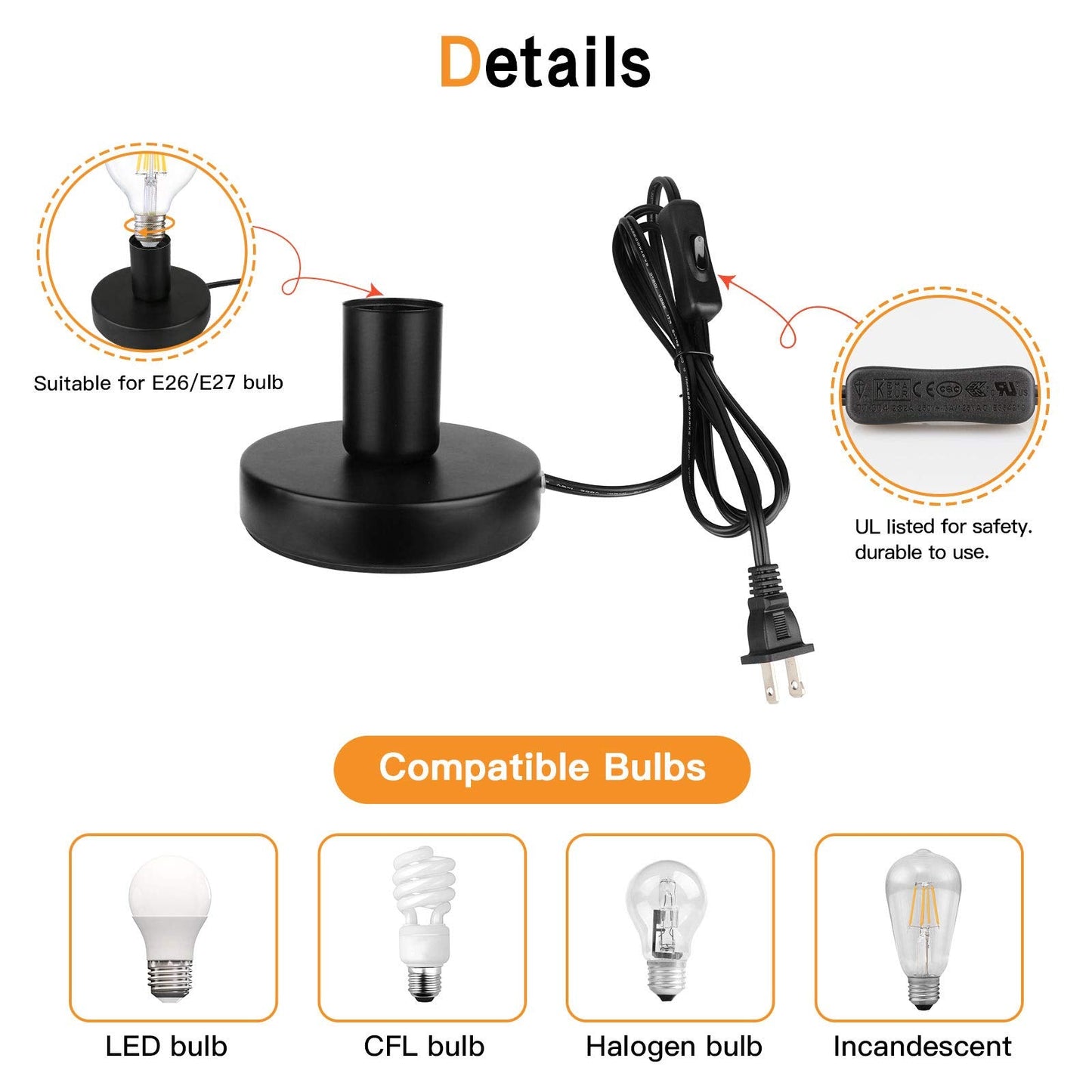 Helunsi Industrial Table Lamp Base, E26 E27 Lamp Base Without Shade, Mini Short Desk Lamp Exposed Bulb Base, Simple Metal Edison Light Bulb Stand, with 5.8ft Cord Switch Plug Bulb Base Holder (Black)