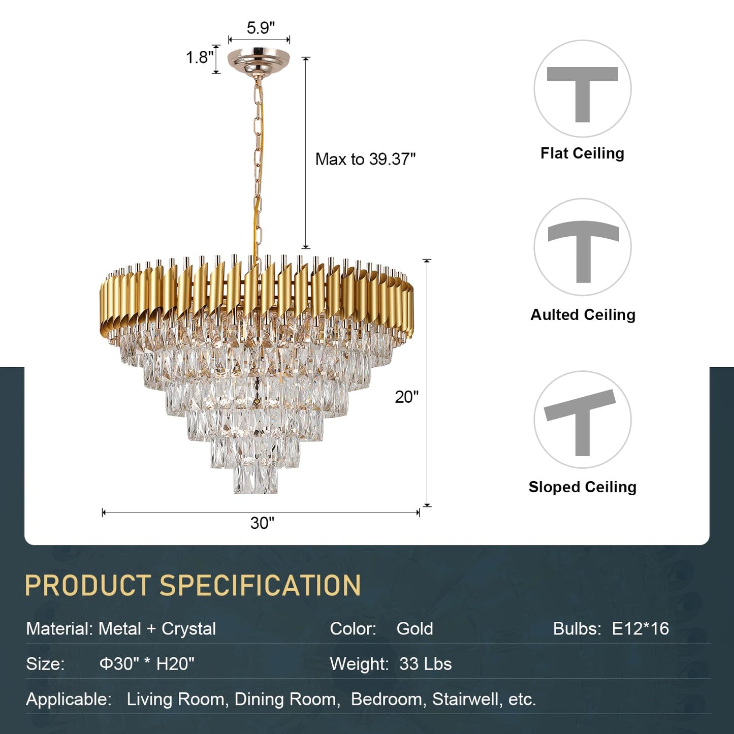 Fashtop K9 6-Tiers Modern Gold Crystal Chandelier 30'' Contemporary Crystal Pendant Chandeliers Light Fixture 16 Lights for Living Room Dining Room Bedroom Entryway Foyer High Ceiling，E12 Base ﻿ ﻿