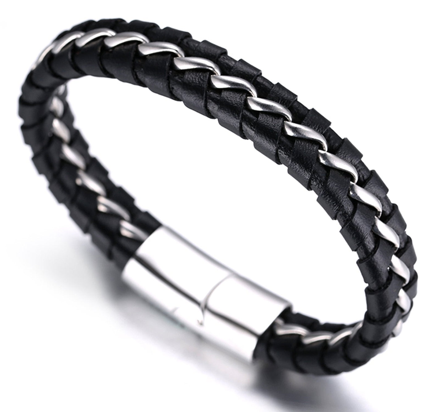 HALUKAKAH Kids ● Solo Junior ● Boy's Genuine Leather Bracelet Black 6-12 Y/O. Titanium Silver Chain Magnetic Clasp 7"/18cm with Free Giftbox