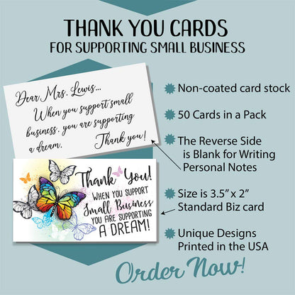 Business Thank You Cards - Small Business Essentials - When You Are Supporting Small Businesses - Blank Note Card, Stationery Set of 50 3.5 x 2 Standard Business Card, Small Business Thank You Cards