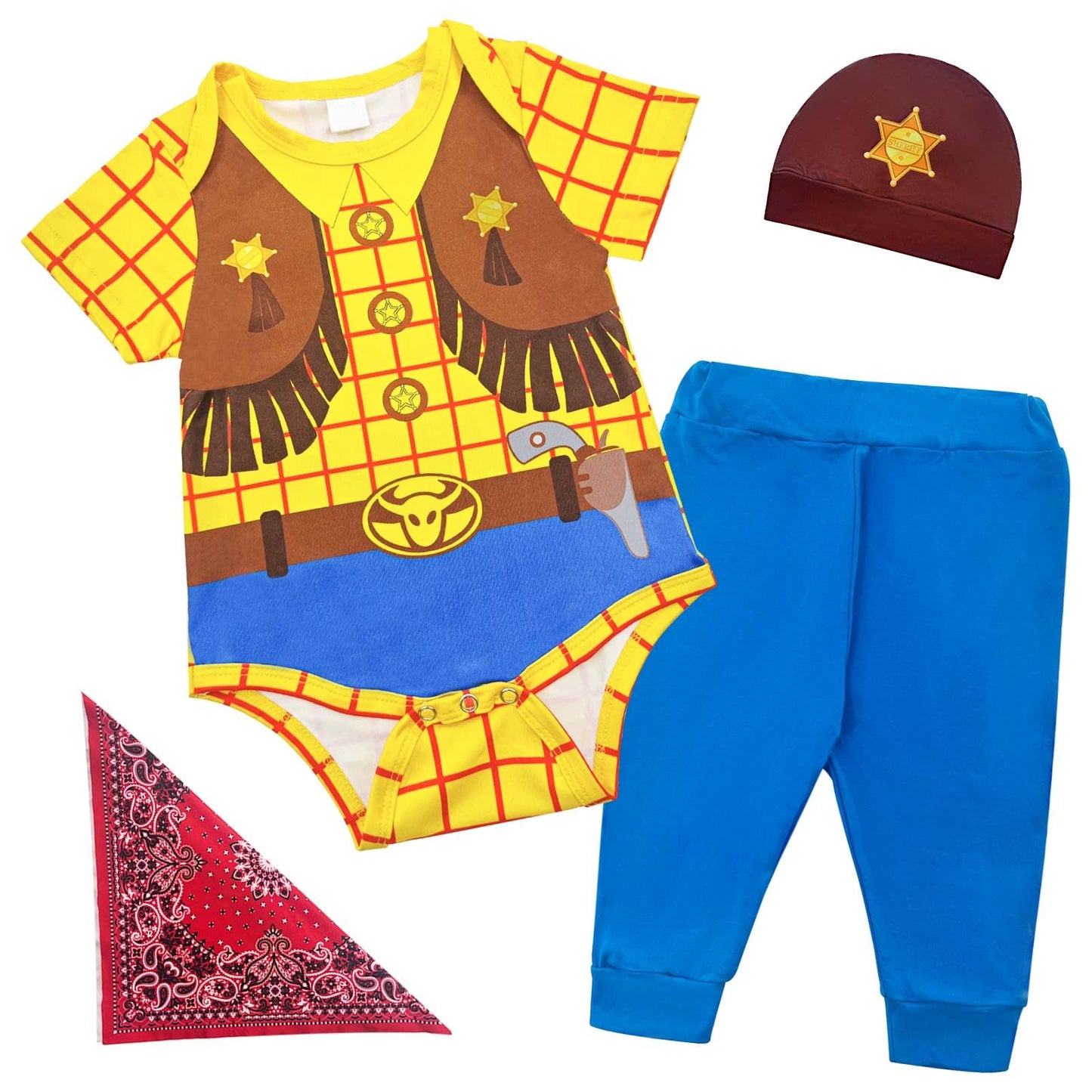 Pezhiqun Baby Boys Halloween Party Cowboy Cosplay Clothes Toy Story Woody Classic Costume Set Boy Western Cowboy Sheriff Woody Deluxe Outfit Newborn to Infant,Short Sleeve,12-18Months