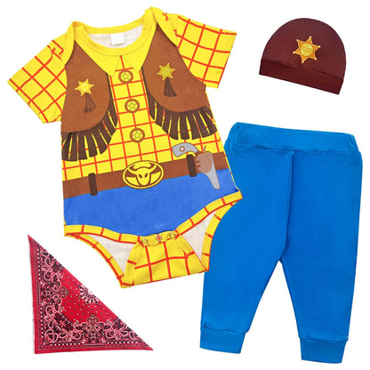 Pezhiqun Baby Boys Halloween Party Cowboy Cosplay Clothes Toy Story Woody Classic Costume Set Boy Western Cowboy Sheriff Woody Deluxe Outfit Newborn to Infant,Short Sleeve,12-18Months
