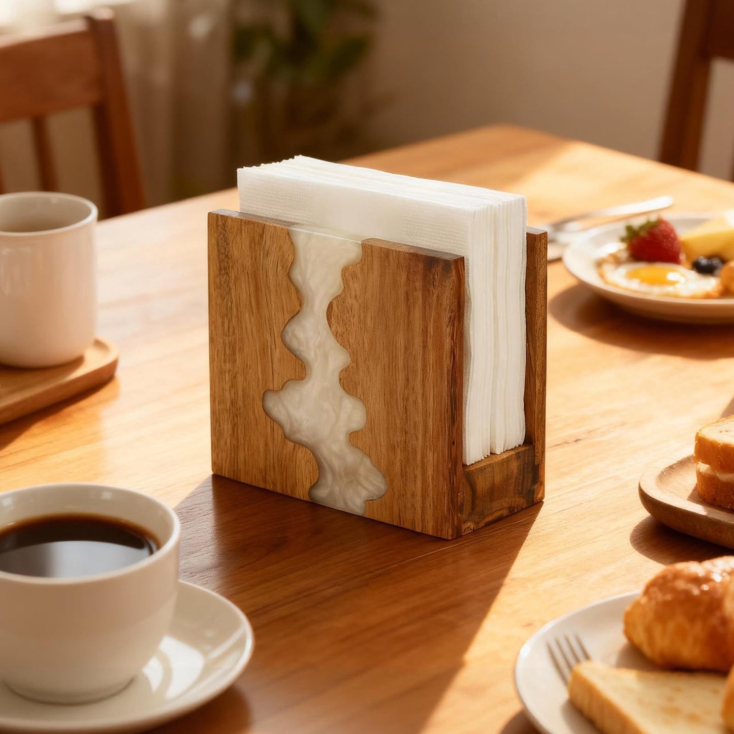 Acacia Wood Napkin Holder for table, Handmade Epoxy Resin Tissue Box Holder with Unique Wave Design & 3CM Sturdy Base for Kitchen Table, Dining Room Decor,counter tops or outdoors