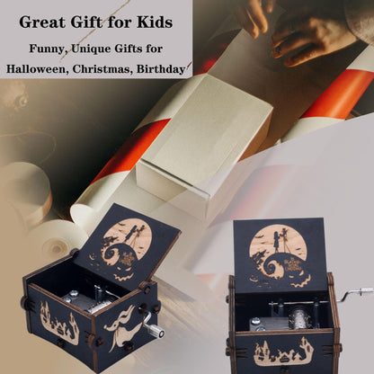 Keast Funny Wooden Hand Crank Music Box, Engraving Nightmare Musical Box Melody Plays This is Halloween Home Decor for Halloween Valentine's Day Christmas