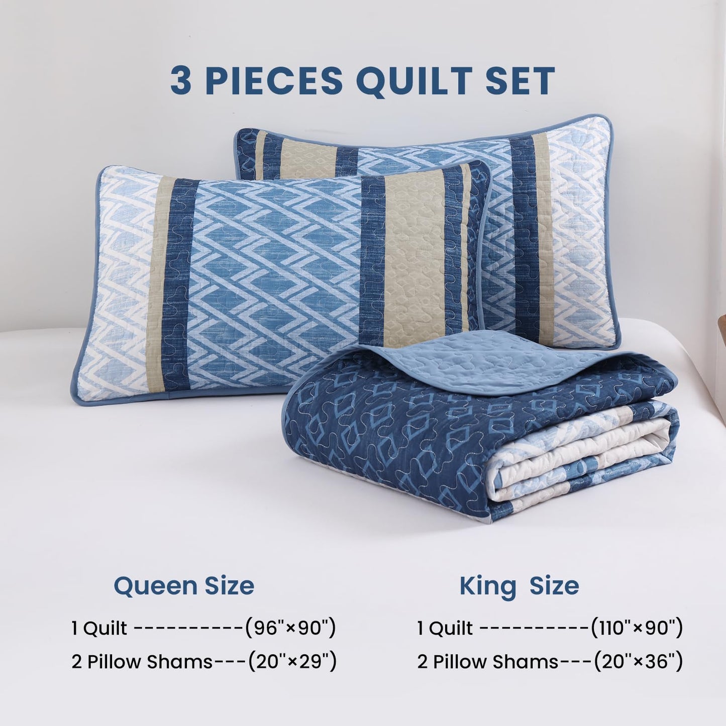 Dinjoy Boho Queen Quilt Set, Blue Striped Bedspread Queen Size,Navy Blue Bedding Sets 3 Pieces Micofiber Lightweight Fall Quilts with 2 Pillow Shams Coverlet Bed Sets for Women Men 96''x90''